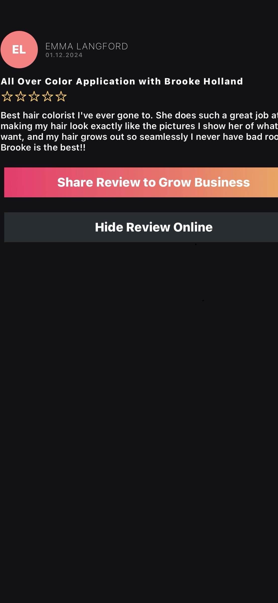 Five star Google review from Emma praising Brooke as the best colorist she has ever been to