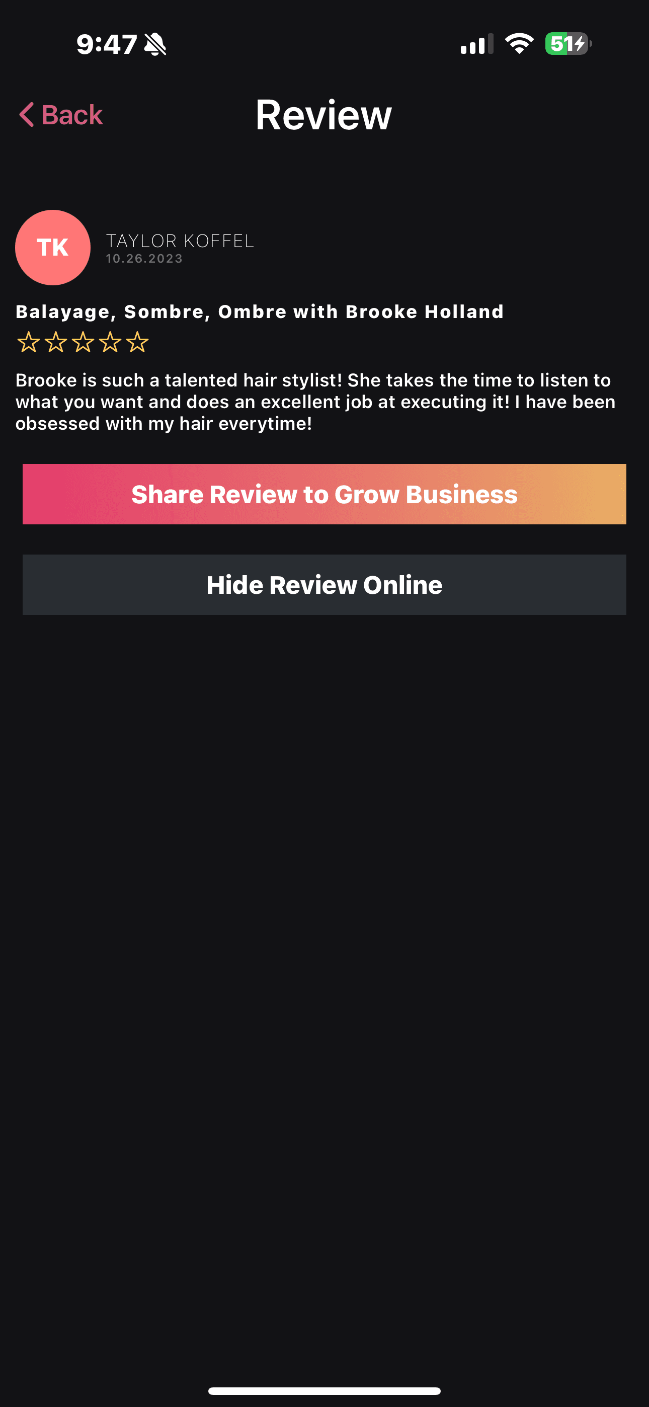 Five star Google review from Taylor praising Brooke for her talent and listening skills